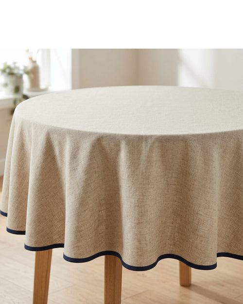 Motovexa Linen Cotton Round Tablecloth 180 cm Natural with Navy Edge - Lifestyle view